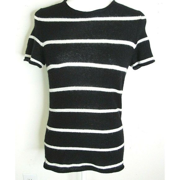 Saks Fifth Avenue Sweaters - SAKS FIFTH AVENUE Black/White Striped Women's Cashmere,Short Sleeve Sweater SZ M